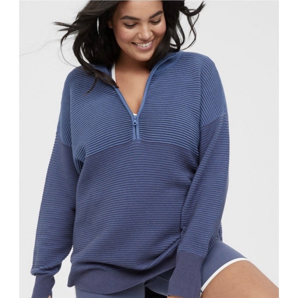 Aerie Offline 1/4 Zip Jacket Sweatshirt Womens XS Blue Ribbed Athleisure Fitness